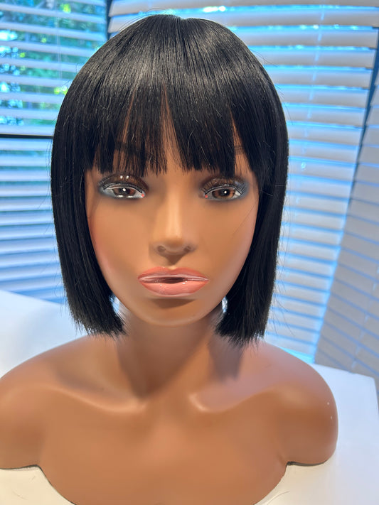 10 inch bob wig kinky straight with bangs color 1B